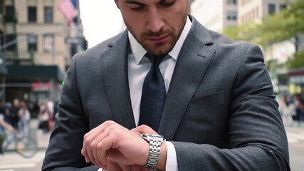 A businessman checking the time on his wristwatch - Powered by Adobe