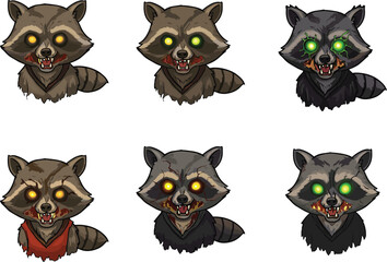 Zombie raccoon character busts with glowing eyes, horror animal illustration for Halloween, undead wildlife vector set for spooky designs