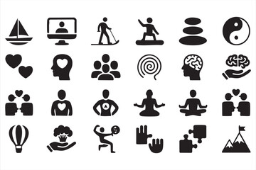 Health and balance silhouette icons pack for lifestyle and therapy