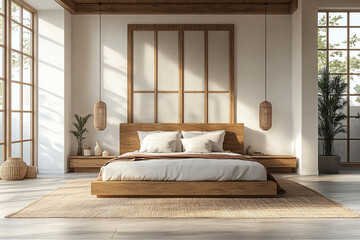 A serene modern bedroom with natural light, wooden decor, and minimalist furnishings, creating a peaceful atmosphere for relaxation.