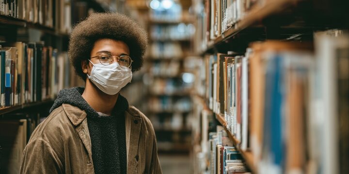 Young African-American Man Wearing Mask Looking for Book in Library