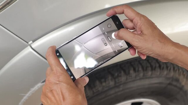 Female car insurance officer's hand uses smartphone take photo scratched wheel arch and damage from collision with concrete wall as evidence for a car insurance claim at a service center.