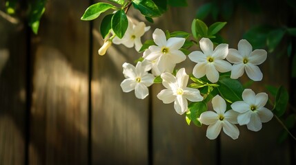 Delicate White Jasmine Flowers Blooming Against A Warm Wooden Background, Bathed in Soft Natural Light, Creating a Serene and Tranquil Atmosphere in Nature