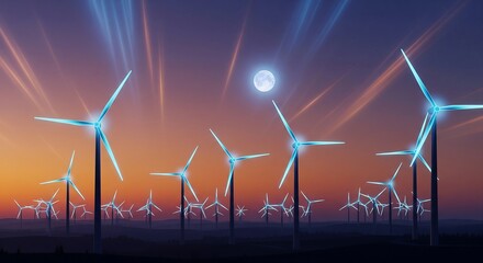 Futuristic wind farm with glowing turbines under a dramatic sunset sky and a bright moon, symbolizing renewable energy and technological advancement.