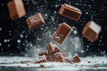 Delicious Chocolate Blocks Falling through Puffs of Powdery Sugar Against a Dark Background for a Tempting Sweet Treat Conceptual Image