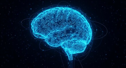 Glowing blue digital representation of a human brain with neural network connections on a dark background, symbolizing artificial intelligence and technology.