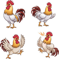 Cartoon rooster character set, four poses, animated farm bird, vector illustration, chicken design, cute animal, poultry collection, white and red feathers, farmyard mascot, game sprite