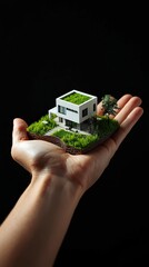 Isometric House in Hand on Black Background &ndash; Real Estate Concept, Property Investment, Home Insurance Illustration