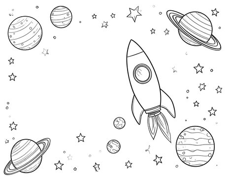 Simple line drawing of a rocket surrounded by planets and stars, ideal for coloring