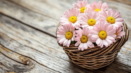 Delightful Basket of Pink Daisies on Rustic Wooden Table, Showcasing Natural Beauty and Elegance in Floral Arrangement for Relaxing Atmosphere