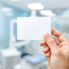 Crisp close-up of a hand holding a blank card in a dental clinic setting