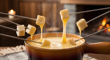 Swiss cheese fondue with bubbling melted cheese.