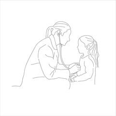 doctors examine children. One single line drawing of young female pediatric doctor examining baby health condition and check the heart beat.