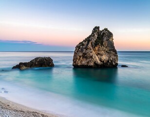 Serene coastal scene at sunset, featuring two prominent rocks in calm, turquoise water