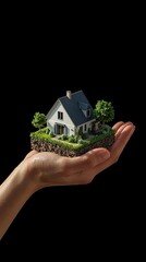 Isometric House in Hand on Black Background &ndash; Real Estate Concept, Property Investment, Home Insurance Illustration