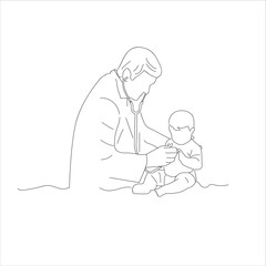 doctors examine children. Doctor examining a child patient with a stethoscope in a clinic outline coloring page. 