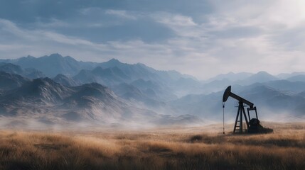 Naklejka premium Pumpjack operating in a remote desert landscape