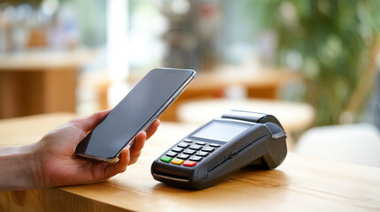 Close-up of a hand making a contactless payment with a smartphone at a retail store