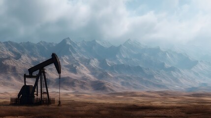 Naklejka premium Oil pump operating in a remote desert landscape surrounded by rugged mountains