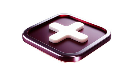 3d white cross symbol on a dark red square button isolated on transparent background