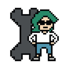 Cartoon cute pixel 8bit character engineer man fix problem improvement for decoration 8 bit male boy male engineer solve problem character game png vector.