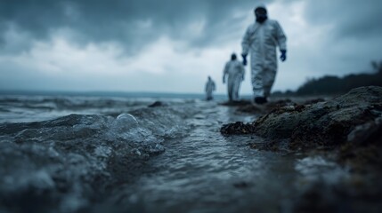 Coastal environmental response team in action during a stormy moment