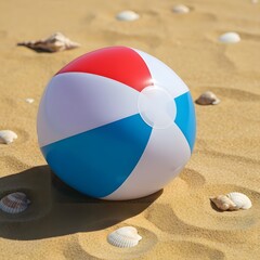 Obraz premium Beach Ball on Sandy Shore Summer Vacation Fun Colorful Inflatable Beach Toy Seashells Sunshine Day