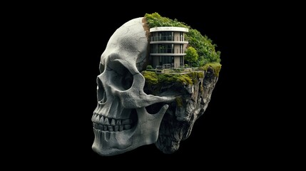 Mysterious House in Skull Island &ndash; Fantasy Landscape with Ocean Cliff