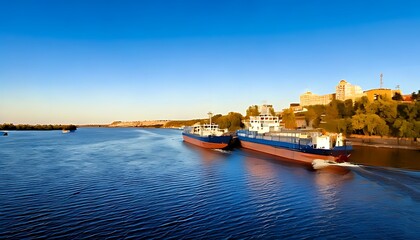 Two cargo ships navigate a wide river at sunset, passing a city on the bank