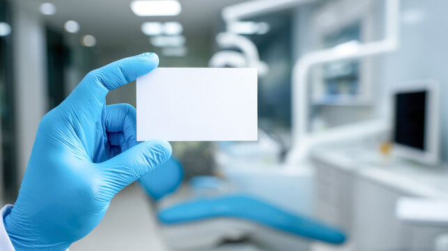 Close-up of hand holding blank business card in modern dental office environment