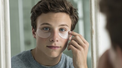 Teenage boy applying under-eye patches at home as symbol of new generation masculine beauty awareness and self-care habits