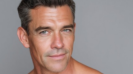 Naklejka premium Male model showcasing modern cosmetology techniques for youthful appearance in a neutral setting