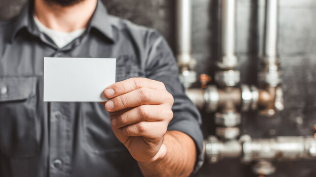 Professional plumber holding business card in workshop surrounded by pipes and tools
