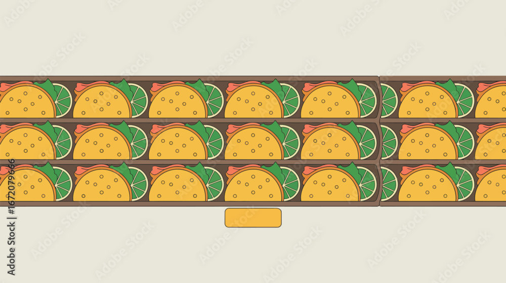Poster a tiled pattern of tacos with lime wedges arranged in rows in a brown container on a light backgroun