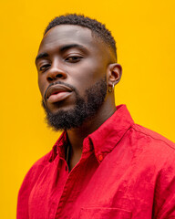 Fototapeta premium Close-up portrait of man with stylish hair posing against vibrant yellow background