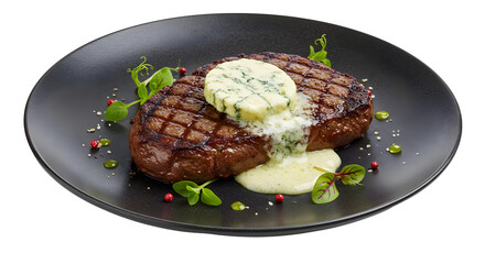Grilled steak with melting blue cheese butter isolated on a transparent background