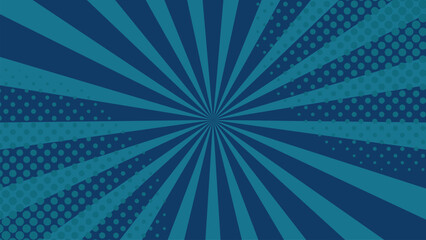 Bright blue pop art comic background with sunburst rays and halftone dots, retro style vector design for banner, poster, wallpaper, template, vintage cartoon, dynamic energy and abstract pattern.