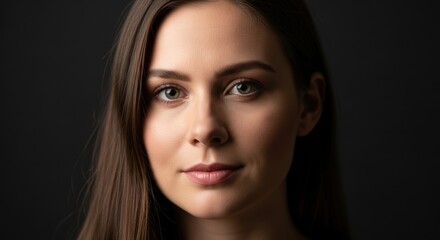Obraz premium Portrait of young caucasian female with long brown hair and green eyes against dark background