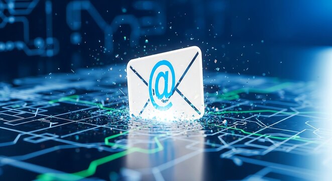 Glowing email icon on a futuristic circuit board representing digital communication and technology.