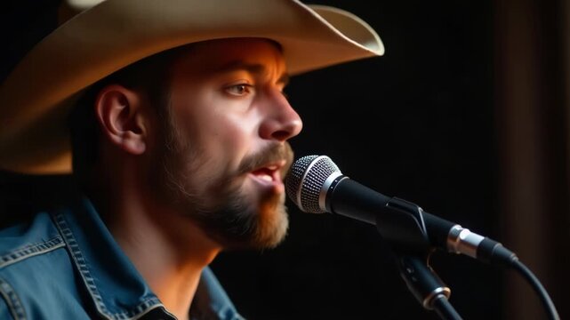 A man wearing a cowboy hat sings into a microphone, focusing on his performance