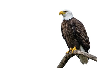 Obraz premium Bald Eagle Perched on Branch with White Background in Natural Setting