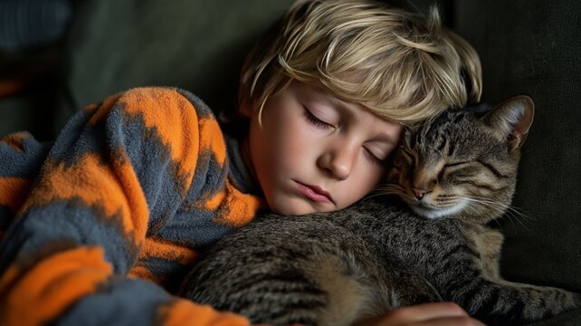 A young boy rests with his eyes closed, cuddling a cat on a soft couch, creating a warm atmosphere.