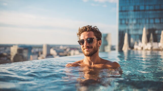Man relaxing in rooftop infinity pool city view summer vacation