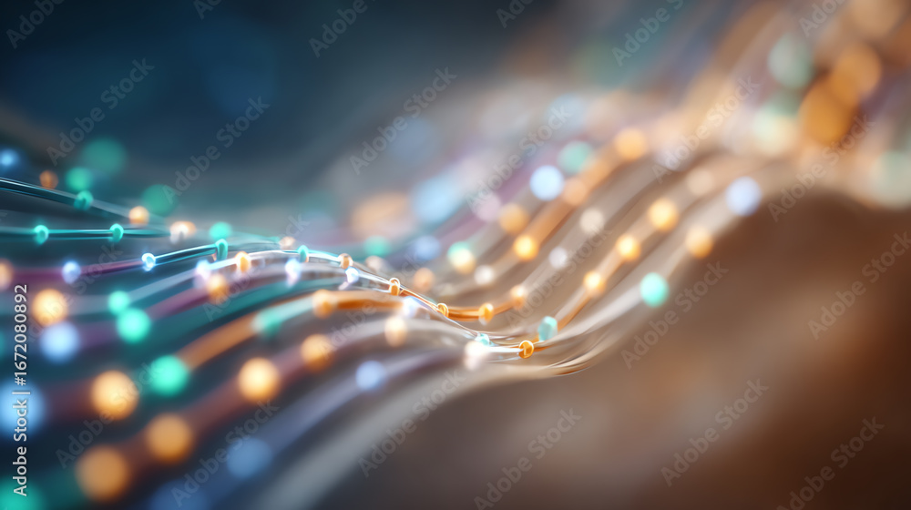 Poster a vibrant display of colorful lights flowing in waves, representing technology and innovation in mot