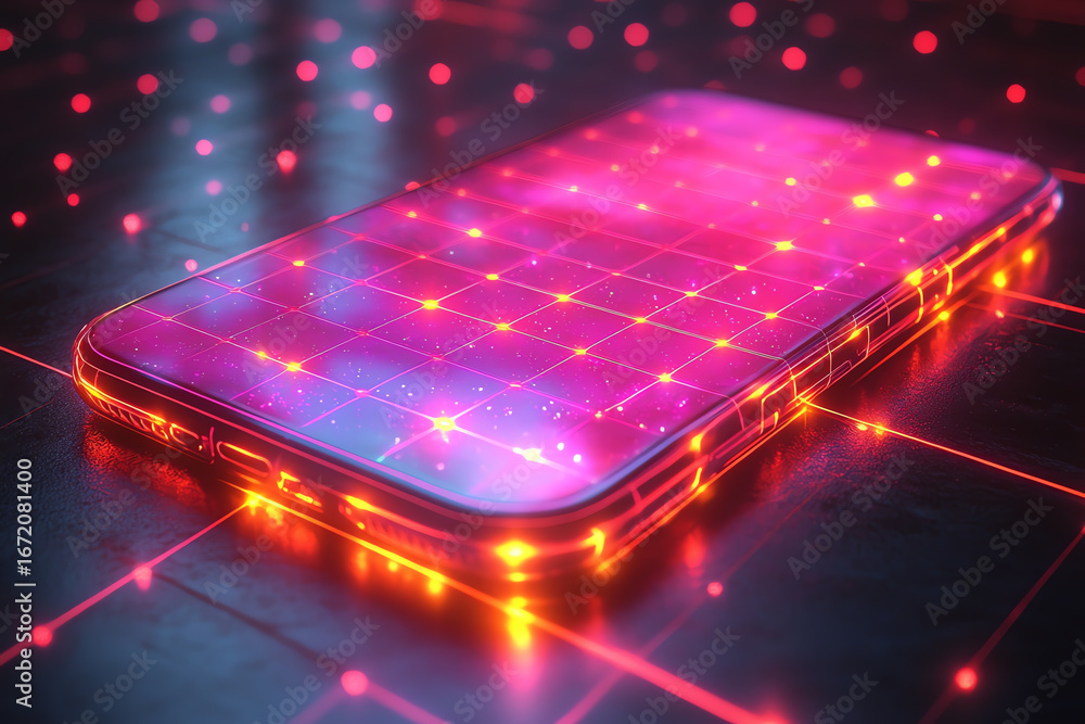 Poster a vibrant smartphone illuminated with neon light patterns, creating a futuristic digital atmosphere 
