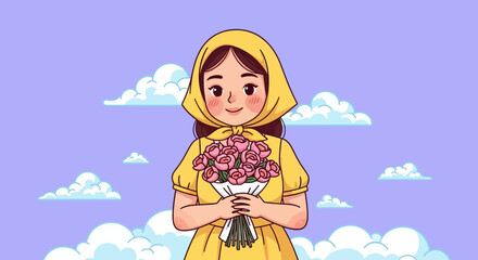 Cartoon Illustration of Woman with Yellow Scarf Holding Roses Bouquet