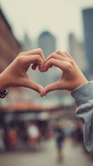 Heart-shaped gesture of love and connection between couple's hands symbolizing romance unity and affection in an outdoor city setting