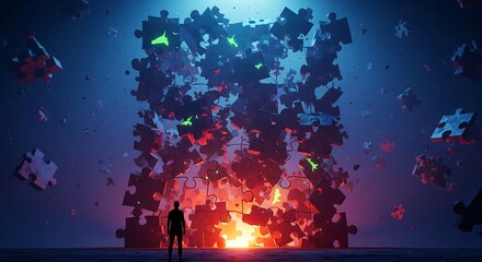 A lone figure stands before a massive, glowing wall of disintegrating puzzle pieces, bathed in red and blue light, symbolizing complex challenges or a fragmented reality.