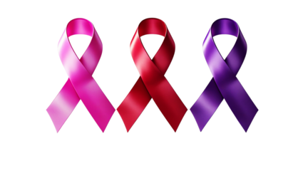 Three awareness ribbons in pink red and purple isolated on transparent background