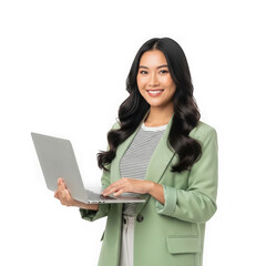 Smiling young asian businesswoman holding a laptop computer, isolated on transparent background